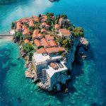 Aerial view of Sveti Stefan beautiful luxury island Budva, Montenegro