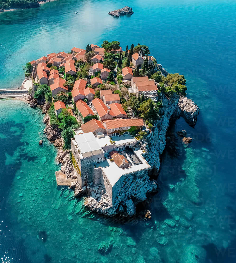 Aerial view of Sveti Stefan beautiful luxury island Budva, Montenegro